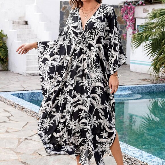 Plus Size Viscose Kaftan Dress Beach Cover Up V-Neck Batwing Sleeves - Picture 6 of 7